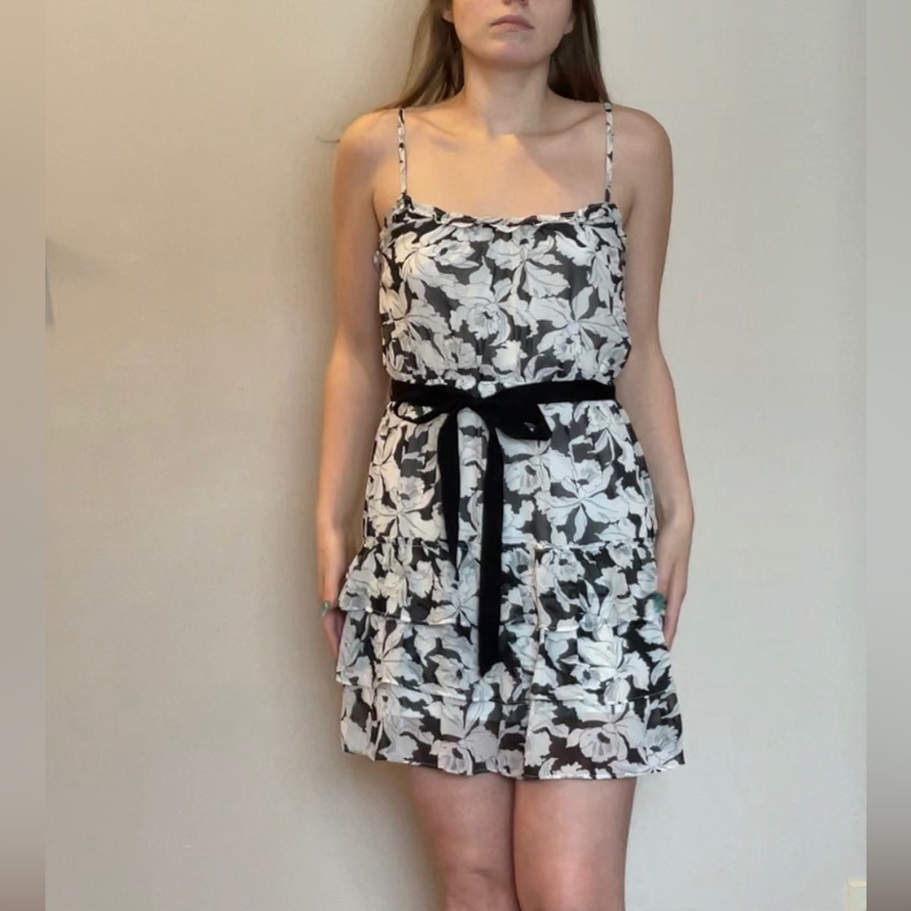 Black/White Floral Print Lined Spaghetti Strap Dress